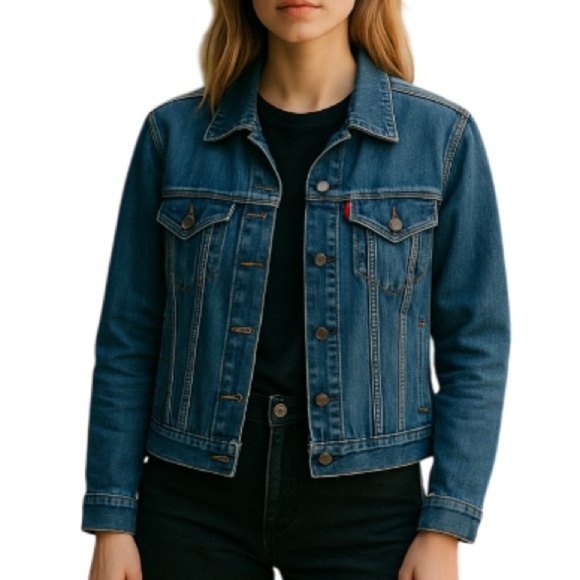 LEVIS Blue Dark Wash Denim Trucker Jean Jacket Red Tab Pockets Cotton Stretch M - Picture 1 of 14